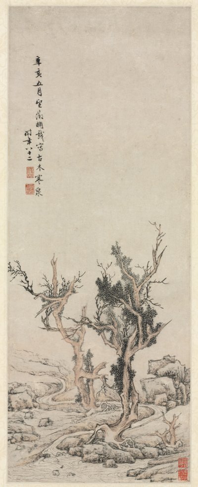 Oude bomen bij een winterse beek, 1551 door Wen Zhengming