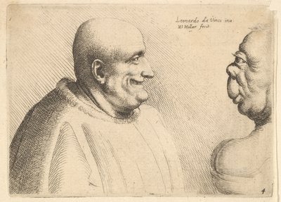 Een grote man met een kaal hoofd tegenover een groteske vrouw door Wenceslaus Hollar