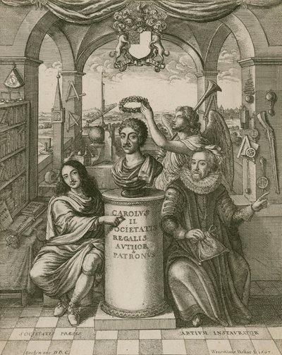 Buste van Karel II, met Lord Brouncker (links), de eerste President van de Royal Society, en Francis Bacon (rechts) door Wenceslaus Hollar