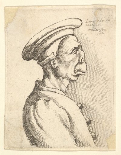 Buste van een man met een platte neus en uitstekende mond, met platte pet en dichtgeknoopte jas in..., 1660 door Wenceslaus Hollar