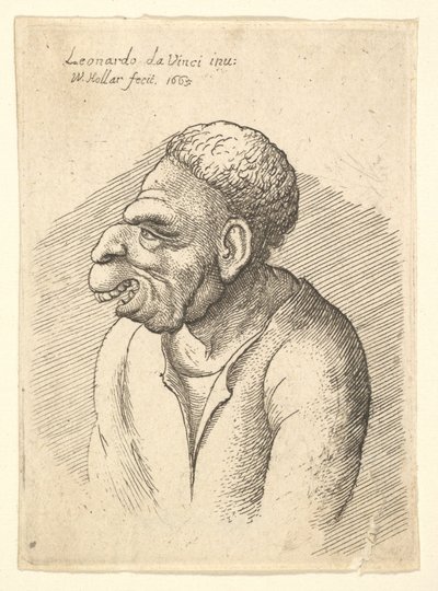 Borstbeeld van een man met haakneus, prominente bovenlip, open mond en kort krullend haar, 1665 door Wenceslaus Hollar