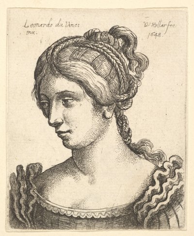 Borstbeeld van een vrouw die naar links kijkt met rijkelijk versierd haar door Wenceslaus Hollar