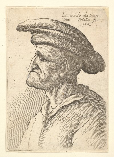 Buste van een oudere man met een neus die zijn onderlip raakt, met een brede platte pet in profiel, 1665 door Wenceslaus Hollar