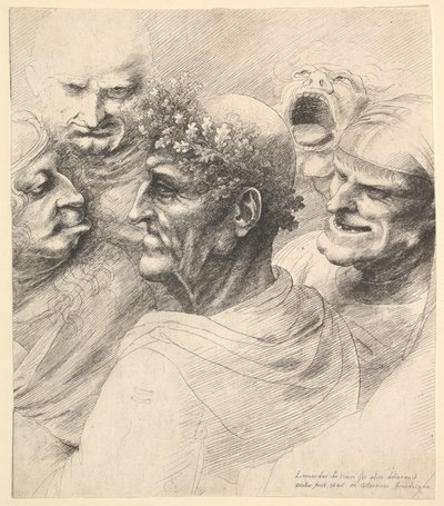 Vijf groteske hoofden, waaronder een oudere man met een eikenbladkrans door Wenceslaus Hollar