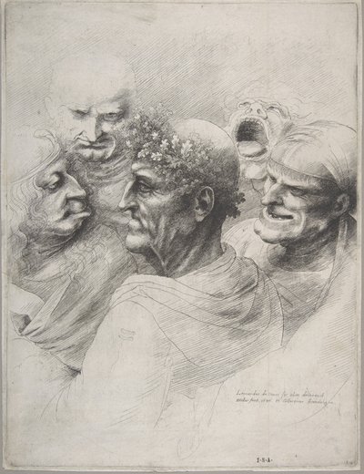 Vijf groteske hoofden, waaronder een oudere man met een eikenbladerenkrans door Wenceslaus Hollar