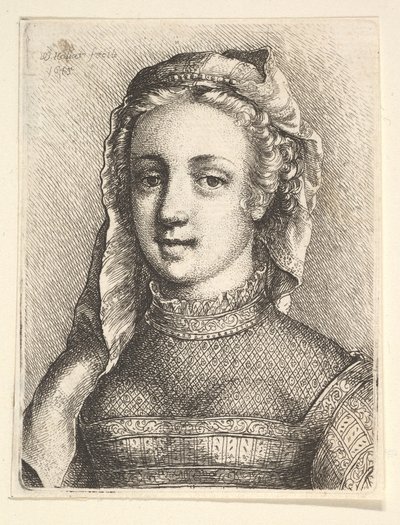 Hoofd en schouders van een vrouw met een sluier en doorschijnende halsdoek door Wenceslaus Hollar
