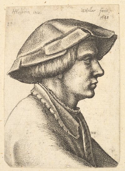 Hoofd van een jonge man met hoed in profiel naar rechts, 1648 door Wenceslaus Hollar