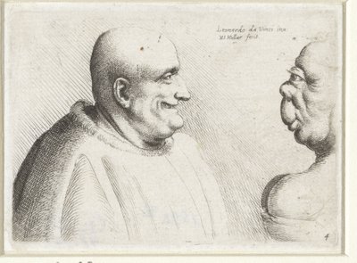Koppen van een grote kale man en groteske vrouw door Wenceslaus Hollar