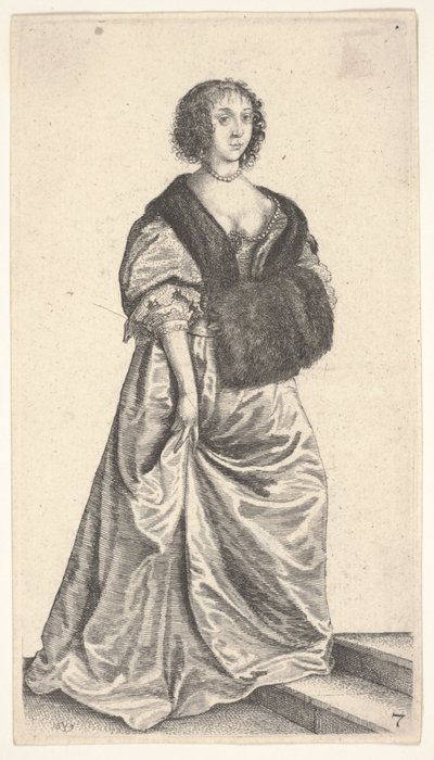 Dame met bontmof op twee treden door Wenceslaus Hollar