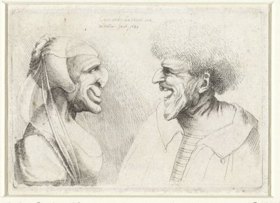 Misvormde koppen van een lachende man en vrouw met hoofdkapje door Wenceslaus Hollar
