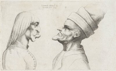 Misvormde koppen van een vrouw met stijl haar en man met dubbel gerande muts door Wenceslaus Hollar