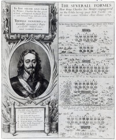 Portret van koning Karel I met diagrammen van de formatie van zijn troepen tijdens de Bisschoppenoorlog, ca. 1639 door Wenceslaus Hollar