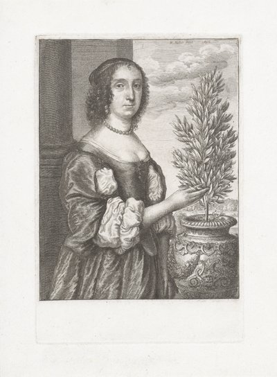 Portret van een staande vrouw naast een laurierplant door Wenceslaus Hollar