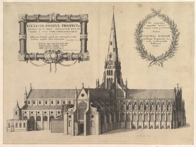 Saint Pauls vanuit het zuiden met de torenspits, Ecclesiae Paulinae Prospectus door Wenceslaus Hollar