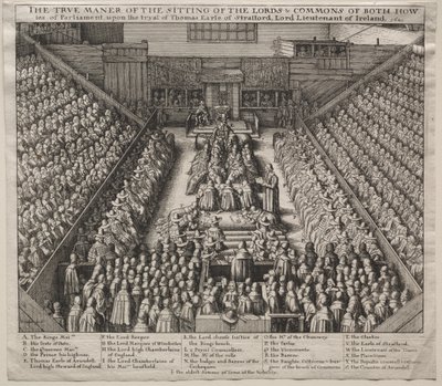 Westminster Hall, interieur, met het proces van de Graaf van Strafford door Wenceslaus Hollar