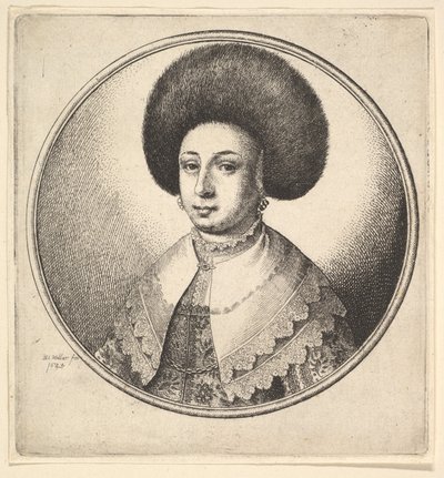 Vrouw met grote ronde bontmuts en oorbellen, 1645 door Wenceslaus Hollar