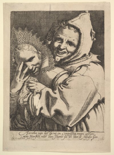 Dwaas met een meisje die door haar vingers kijkt door Werner Jacobsz. van den Valckert