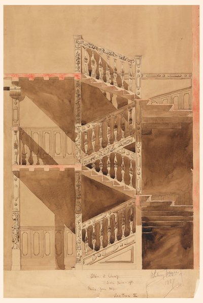 Tekening, Trap in de Cluny, Parijs, 1887 door Whitney Warren Jr.