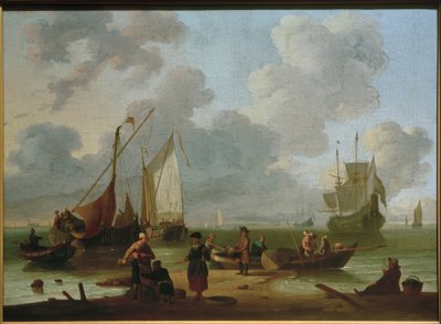 Schepen lossen op het strand door Wigerus Vitringa