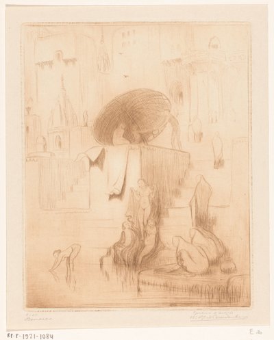 Badende en wassende vrouwen aan de oever van de Ganges in Benares door Wijnand Otto Jan Nieuwenkamp (signed by artist)