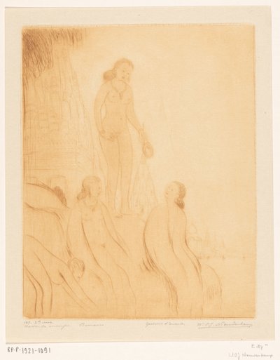 Badende meisjes op de oever van de Ganges in Benares door Wijnand Otto Jan Nieuwenkamp (signed by artist)