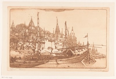 Schip met brandhout aan de oever van de Ganges in Benares door Wijnand Otto Jan Nieuwenkamp (signed by artist)