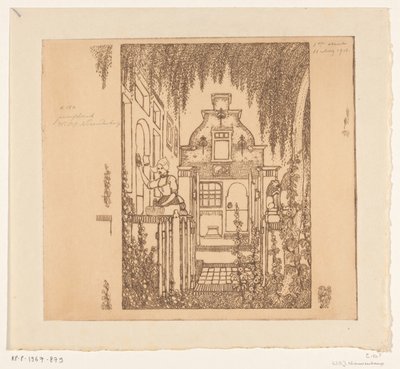 Vrouw in klederdracht die op een voordeur klopt in Edam door Wijnand Otto Jan Nieuwenkamp (signed by artist)
