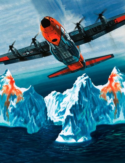 Een Lockheed Hercules patrouilleert ijsbergen voor de kustwacht door Wilf (20th century) Hardy