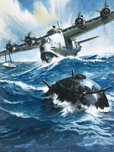 Toen Flying Officer G. O. Singleton de motor van de Short Sunderland inschoot zag hij een drijvende mijn door Wilf (20th century) Hardy
