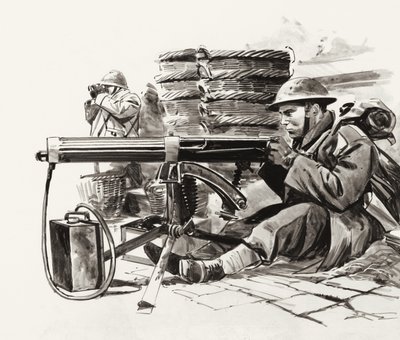 Britse mitrailleurschutter wacht op de Duitsers buiten Duinkerken (gouache op papier) door Wilf (20th century) Hardy