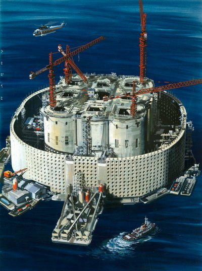 Gigantische betonnen en stalen olietank voor het Ekofisk-olieveld door Wilf (20th century) Hardy