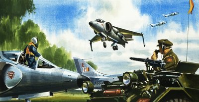 Kijk - geen landingsbaan. De nieuwste ontwikkelingen op het gebied van vliegtuigen. De Harrier Sprongstraaljager door Wilf (20th century) Hardy