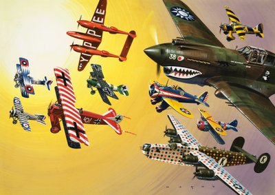 Montage van vliegtuigen met kleurrijke markeringen door Wilf (20th century) Hardy