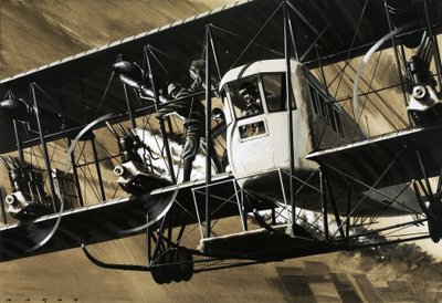 Twee bemanningsleden tussen de draden en stutten van een Ilia Mourometz II bommenwerper blussen een motorbrand door Wilf (20th century) Hardy