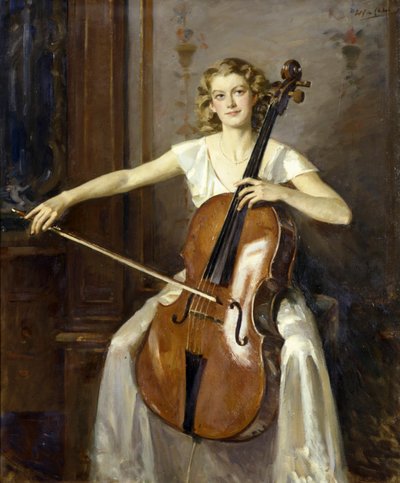 Portret van Florence Hooton die cello speelt door Wilfred Gabriel de Glehn