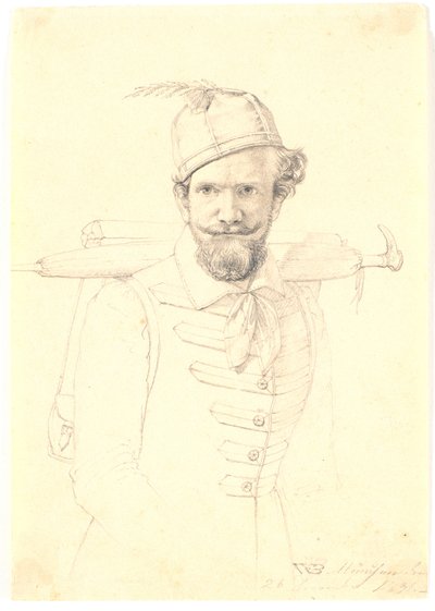 Zelfportret met rugzak door Wilhelm Bendz