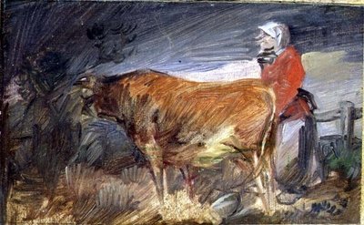 Vrouw en een koe in een landschap door Wilhelm Busch