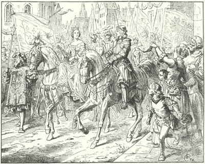 Aartshertog Maximiliaan, de toekomstige Heilige Roomse keizer Maximiliaan I, met zijn bruid, Maria van Bourgondië, in Gent door Wilhelm Camphausen