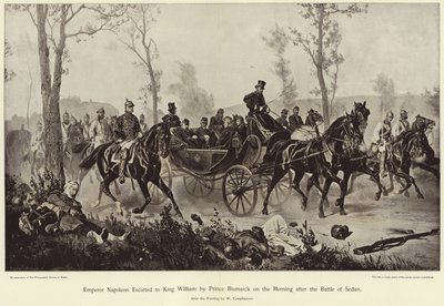 Keizer Napoleon begeleid naar Koning Willem door Prins Bismarck op de ochtend na de Slag bij Sedan door Wilhelm Camphausen