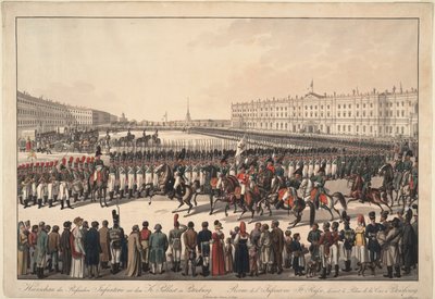 Een review van de Russische infanterie op het Paleisplein in Sint-Petersburg, 1809-1813 door Wilhelm Kobell Ritter von