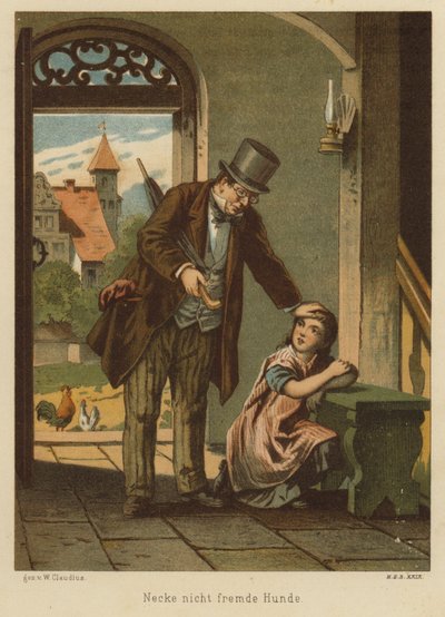 Vader troost zijn dochter nadat ze de gevolgen van het plagen van een hond heeft ondervonden door Wilhelm Ludwig Heinrich Claudius