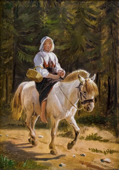 Een vrouw uit Dalecarlia rijdt blootsvoets op een wit paard door Wilhelm Marstrand