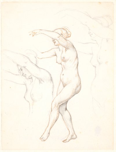 Blad met drie studies van naakte dansende vrouw door Wilhelm Marstrand