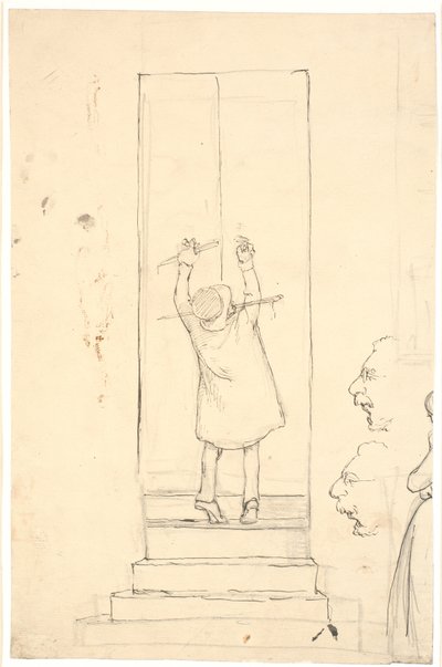 Een kleine man staat op zijn tenen om een deur met grendel te openen. Schets van profielen en vrouw door Wilhelm Marstrand
