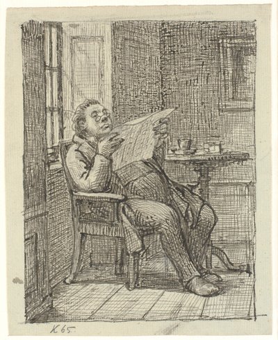Een dikke krantlezende heer met zijn koffie door Wilhelm Marstrand