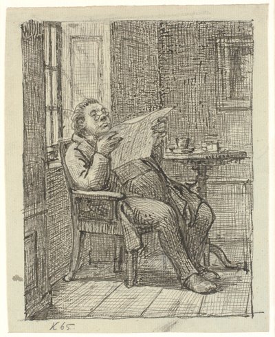 Een dikke krantlezende heer met zijn koffie door Wilhelm Marstrand