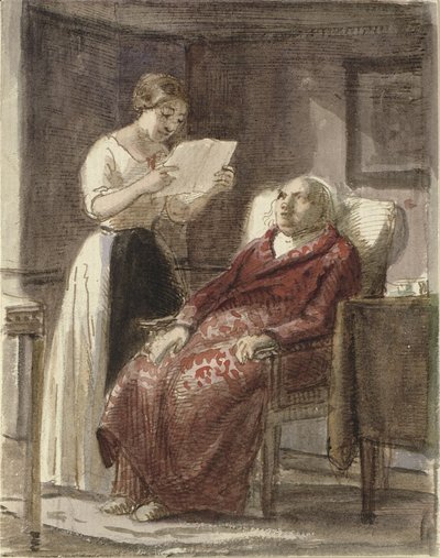 Een jong meisje leest een brief voor aan een oude man in een rode kamerjas door Wilhelm Marstrand