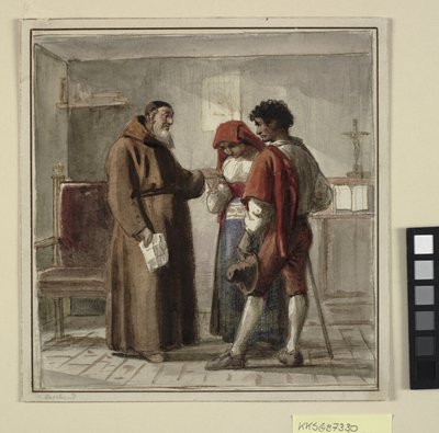 Een jong boerenpaar bij een monnik in zijn cel door Wilhelm Marstrand