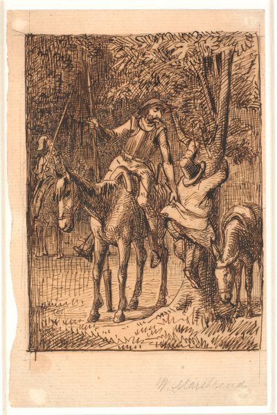 Voor het gevecht met de spiegelridder helpt Don Quichot Sancho Panza in een boom door Wilhelm Marstrand