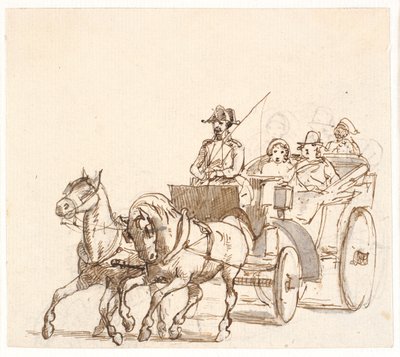 Landauer. Koetsier met driehoekige hoed, heer en bediende door Wilhelm Marstrand